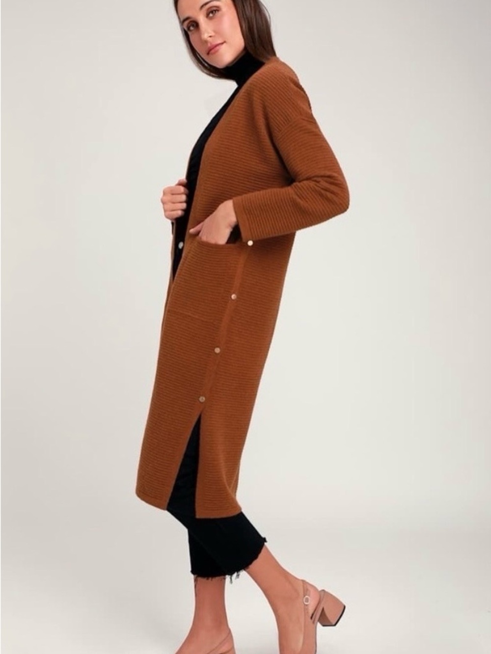 J.O.A. Long Ribbed Open-Front Cardigan in Brown